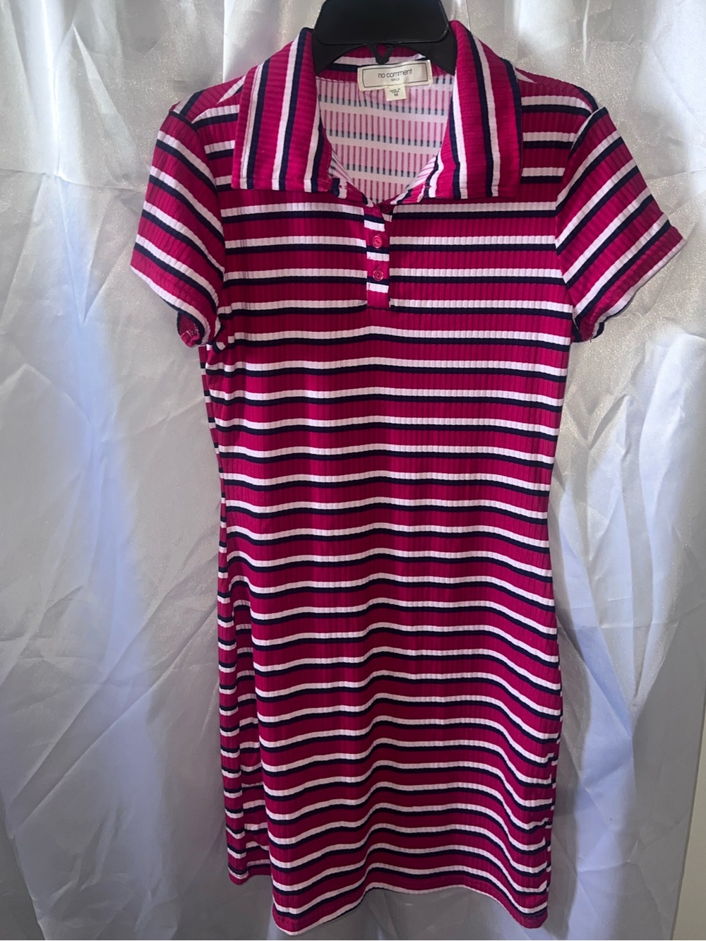 No Comment Striped Polo Shirt Dress in Fuchsia, White & Black